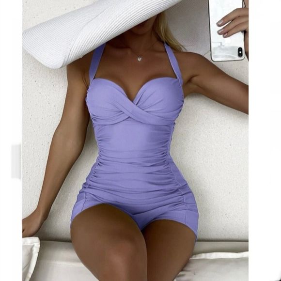 SHEIN Lilac Twist Front Push Up One Piece Ruched Swimsuit Size - Picture 2 of 10